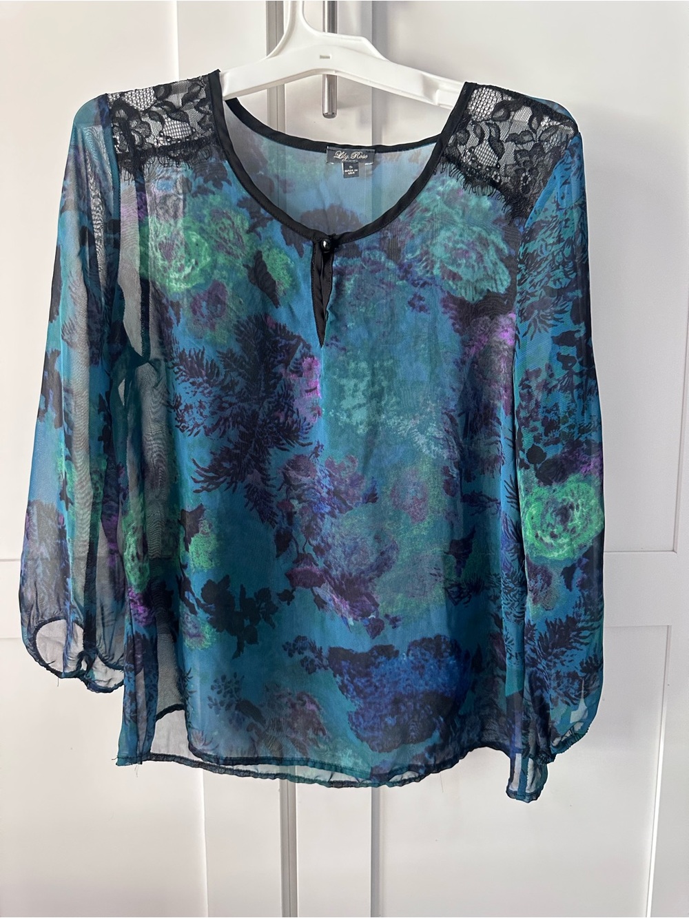 Lily Rose Blue Teal Floral Sheer Blouse with Lace Shoulders